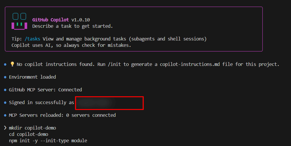 Copilot CLI 起動後の初期画面.png