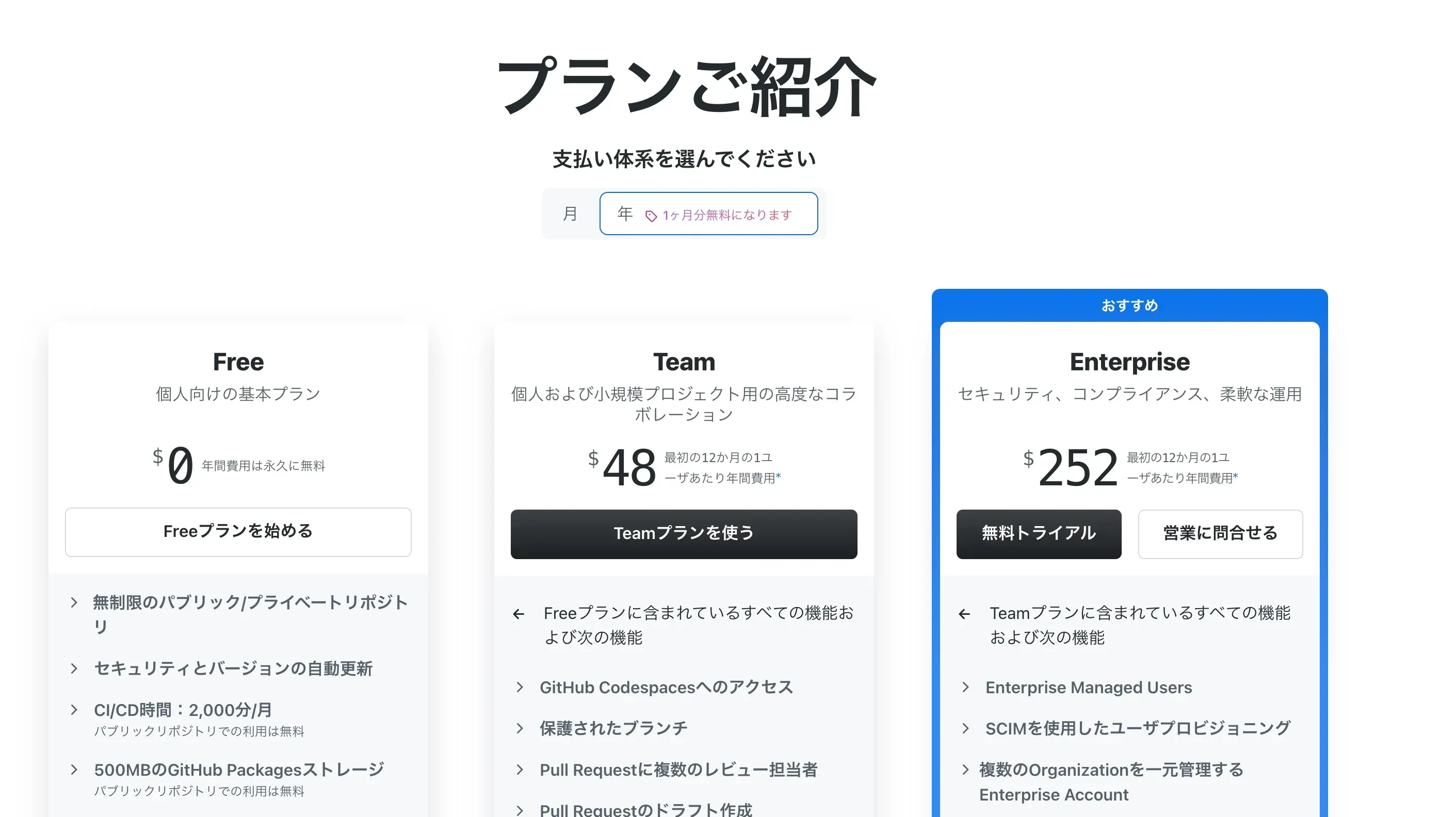 GitHubプランごとの比較