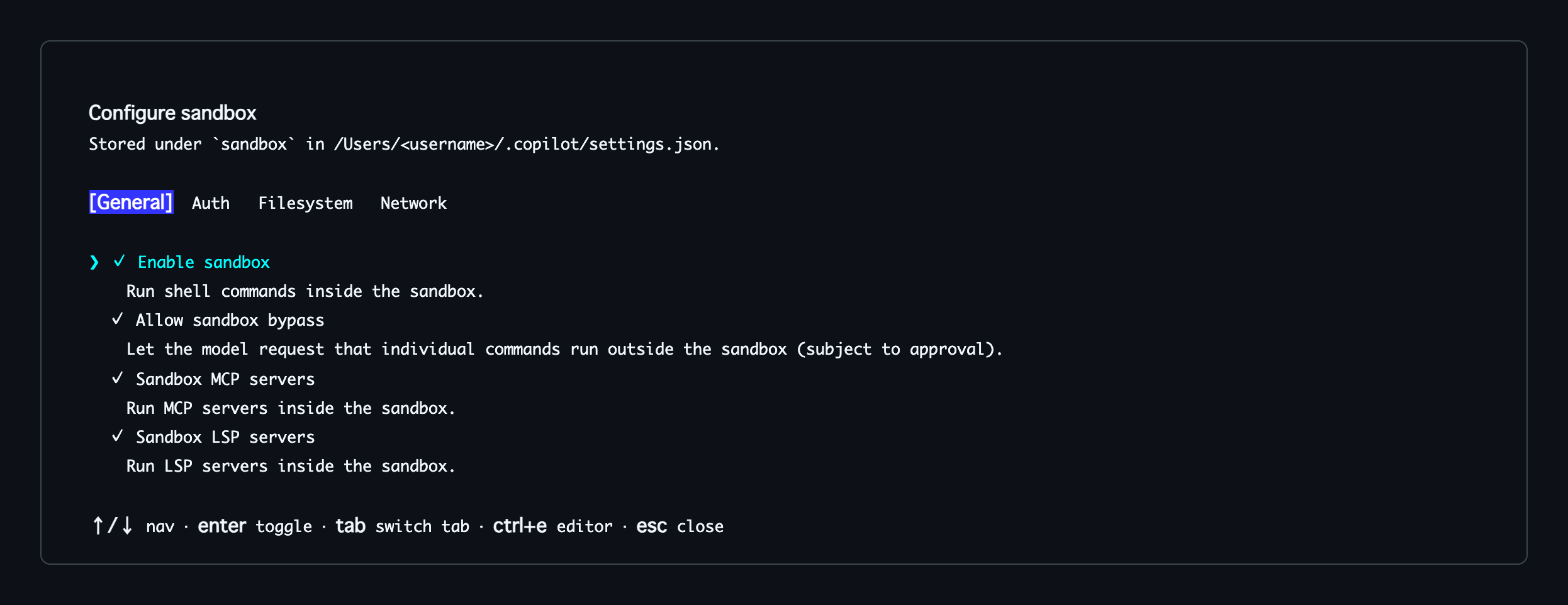 sandboxコマンドで設定タブを開いた画面